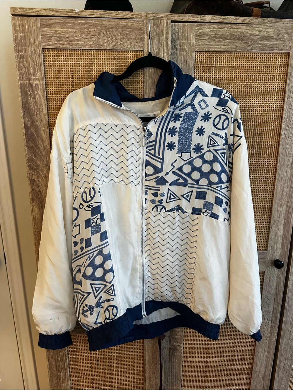 Vintage 1980’s Janeve White & Navy Patterned Bomber Jacket - Women